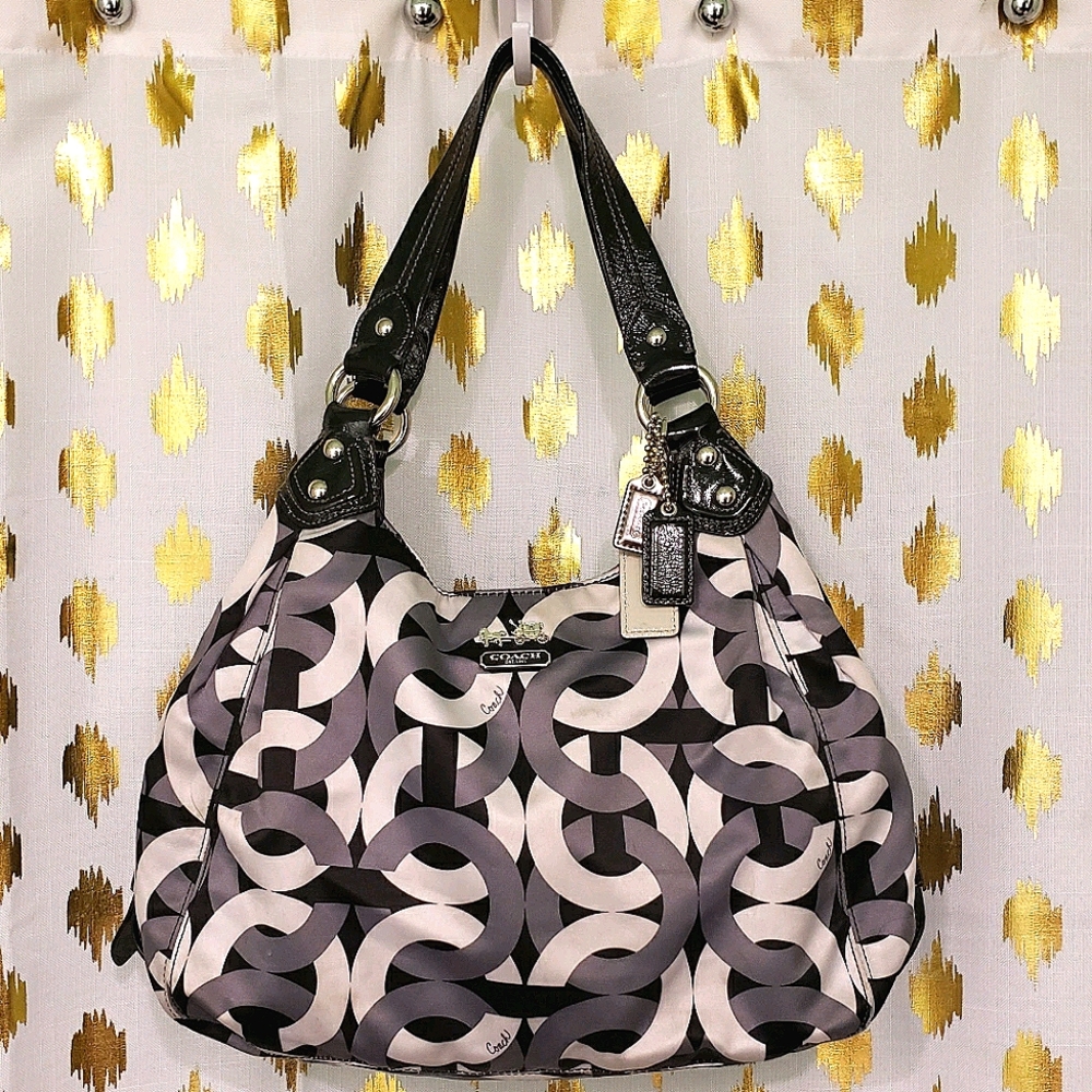 Large COACH Purse B+W+G Hobo Sateen Canvas Bag